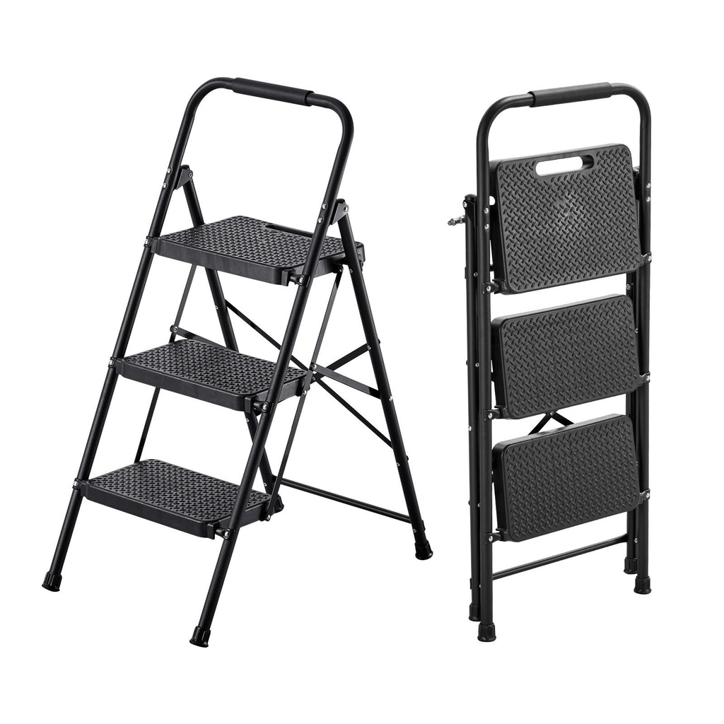 3 Step Ladder, Folding Step Stool with Wide Anti-Slip Pedal and Comfort Handgrip, Lightweight 600 lbs Capacity Portable Steel Ladder, Multi-Use for Kitchen, Home, Household and Office, Black