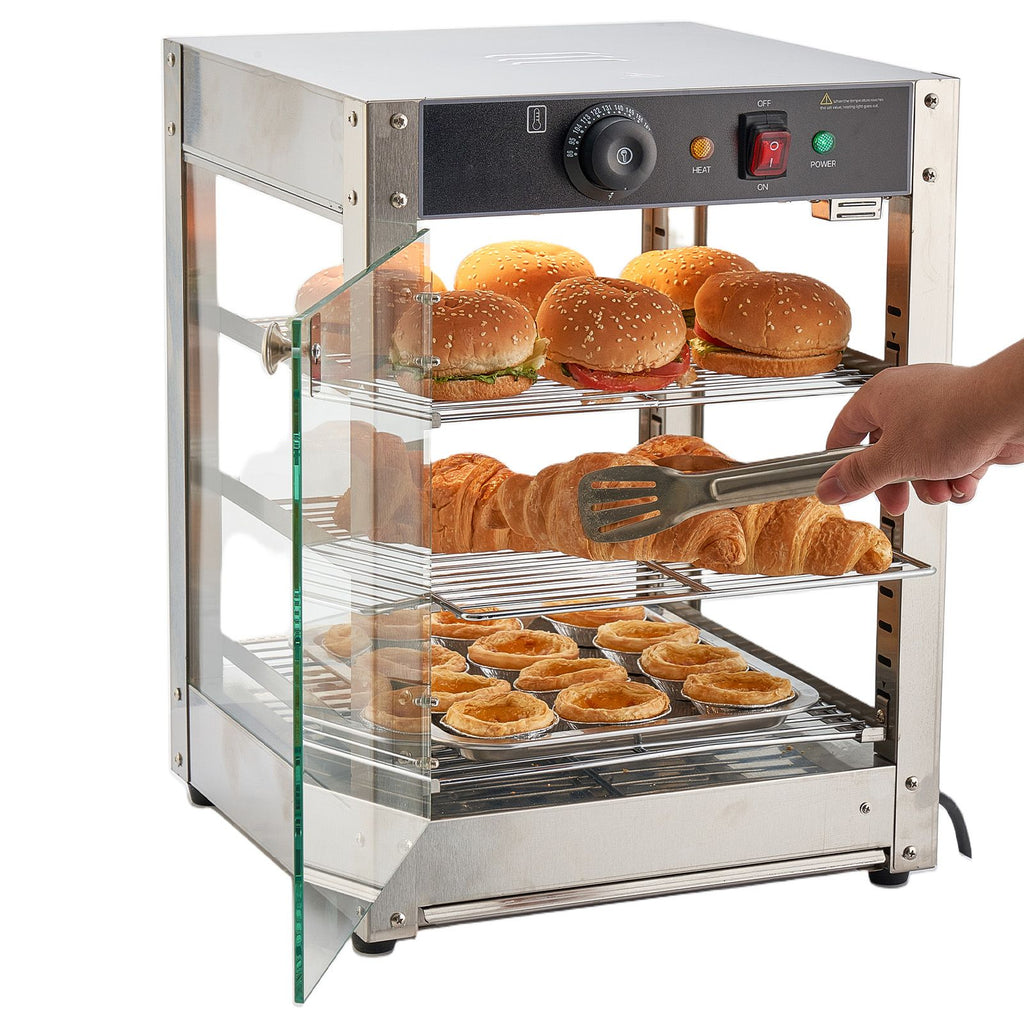 3-Tier Commercial Food Warmer Display, 800W Food Display Warmer with LED Light, Adjustable Shelf and Stainless Steel Frame, 86-185 F Air Heating, 34L for Hamburger, Pizza, Bread, Fried Chicken