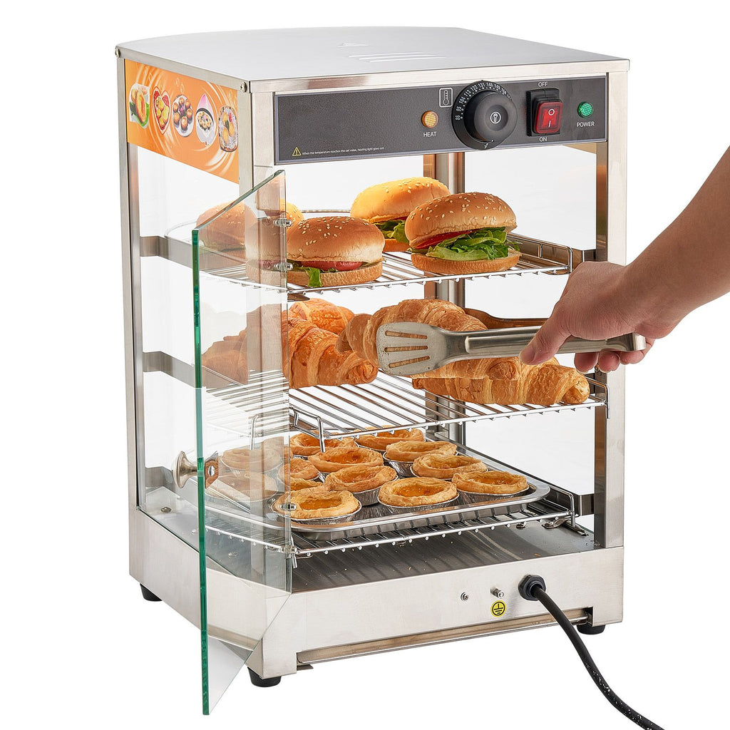3-Tier Commercial Food Warmer Display, 800W Food Display Warmer with LED Light, Adjustable Shelf and Stainless Steel Frame, 86-185 Fahrenheit Air Heating, 60L for Hamburger, Pizza, Bread