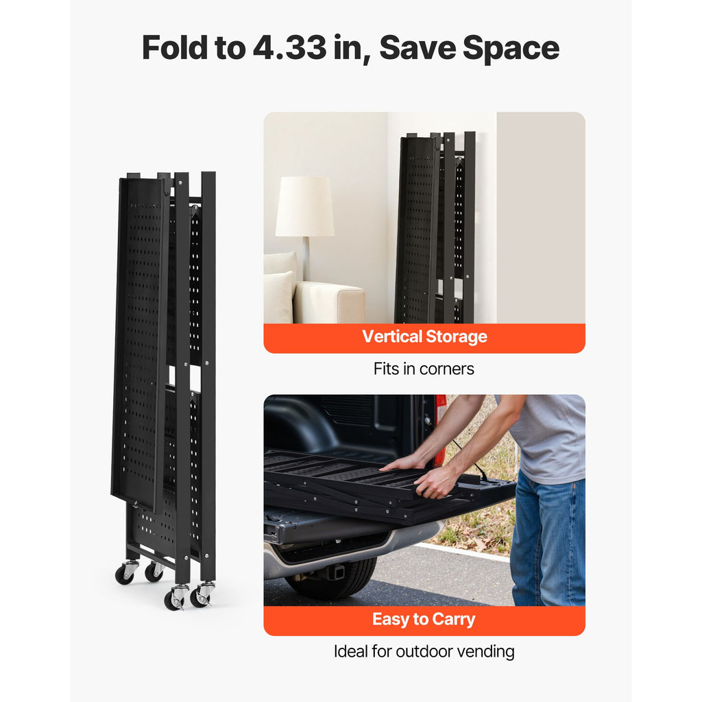 3-Tier Foldable Storage Shelf, 28W x 13D x 36H Inch Folding Metal Rack Shelving Unit, No Assembly Organizer Shelf with 5 Wheels & 4 Hooks for Pantry, Kitchen, Garage, Basement, Black image 2