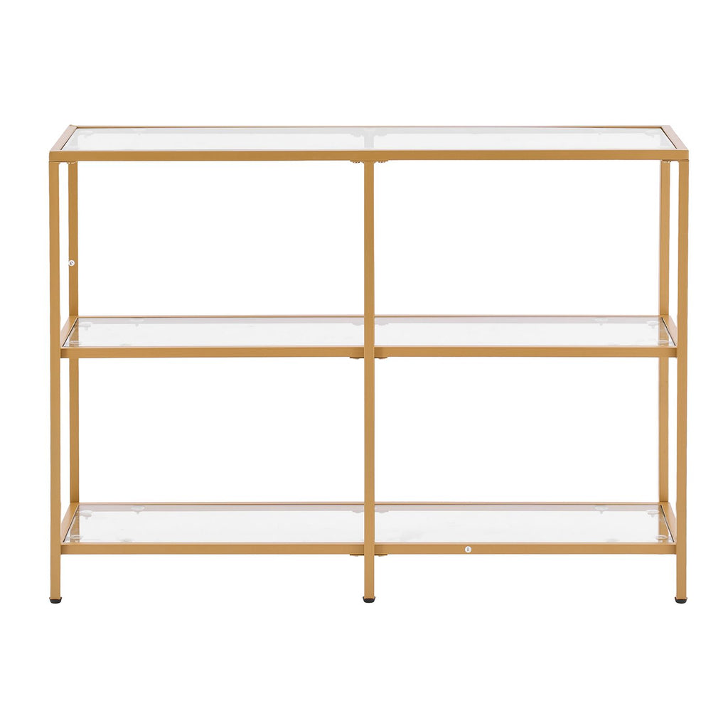 3-Tier Glass Console Table, Modern Rectangle Sofa Side Table with Tempered Glass Top and Iron Legs, Golden Consloe Desk with Anti-Tip Device for Living Room, Hallway, Entryway, Foyer, Golden