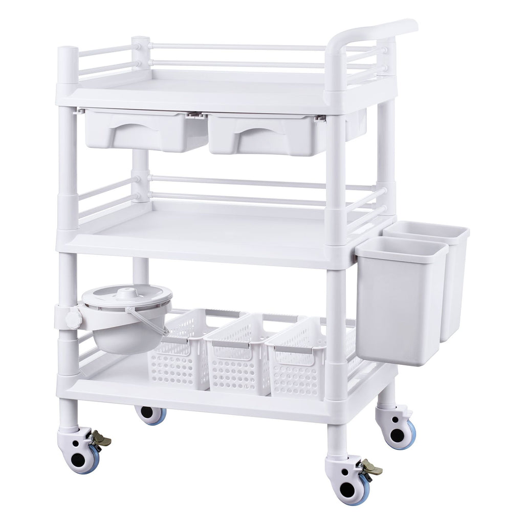 3 Tiers Lab Carts, Lab Utility Cart with 3 Trays & 4 Silent Wheels, Mobile Medical Cart with PP Material, Lab Rolling Cart with 3 Trash Cans for Lab, Clinic, Hospital, Salon, White