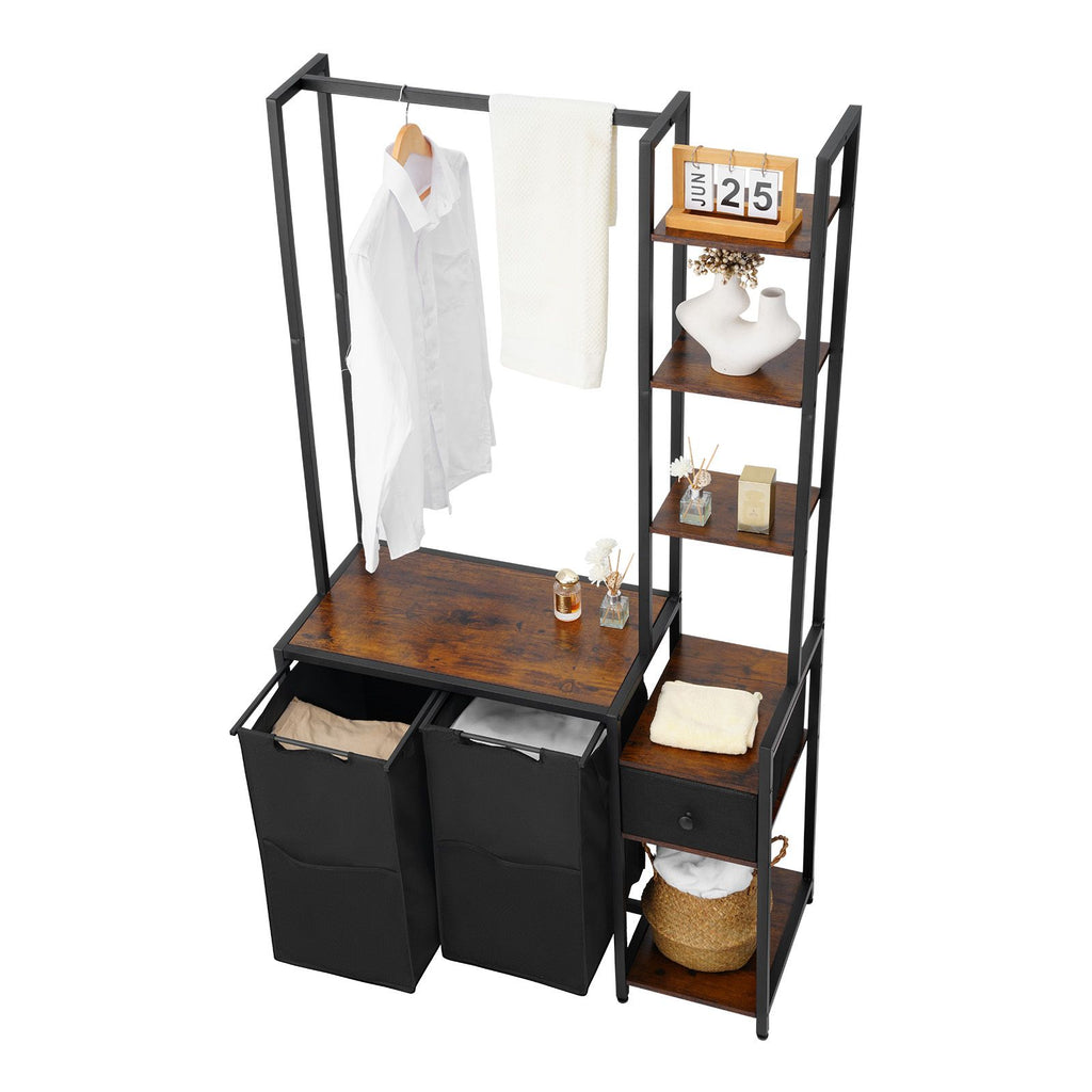 3 Tiers Laundry Sorter with Rack, Tall Laundry Hamper with Shelves and Drawers, 2 Section Freestanding Hanging Rack Storage with 600D Oxford Cloth Bags and Ladder Shelves for Dirty Clothes