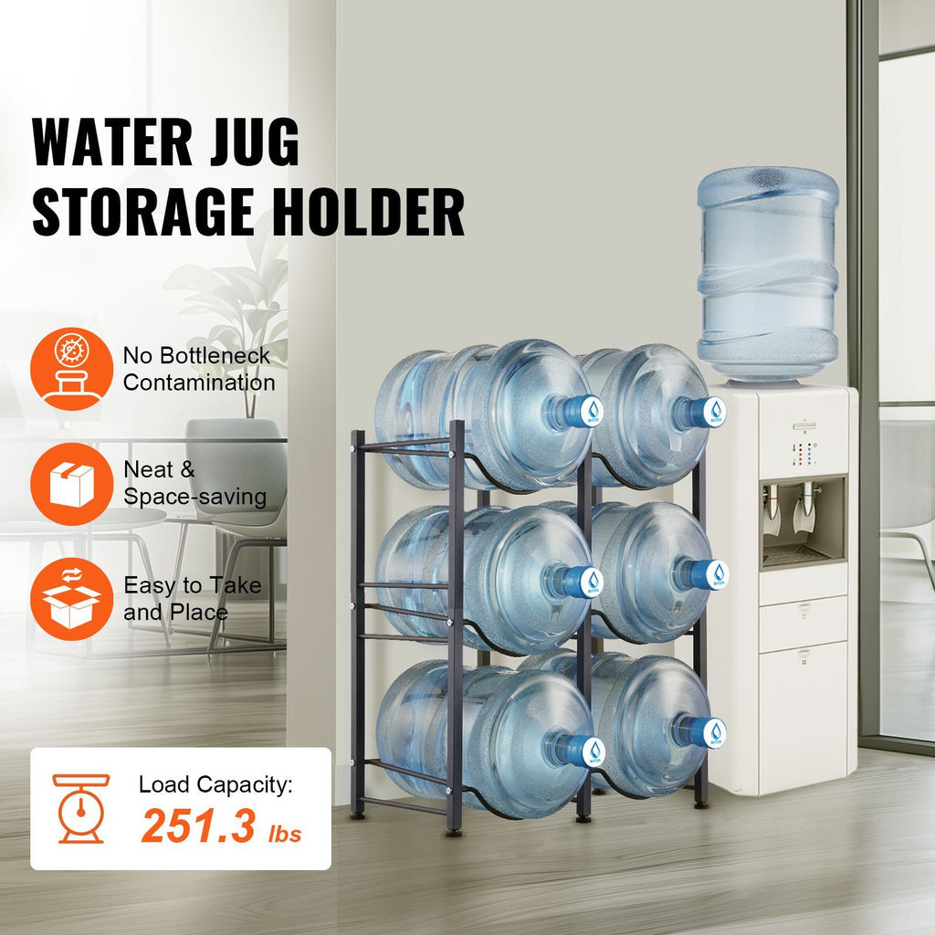 3 Tiers Water Jug Holder, 5 Gallon Water Bottle Holder, Double Row Water Bottle Rack for 6 Bottles, Heavy Duty Water Jug Rack for Kitchen, Office, Living Room, Black