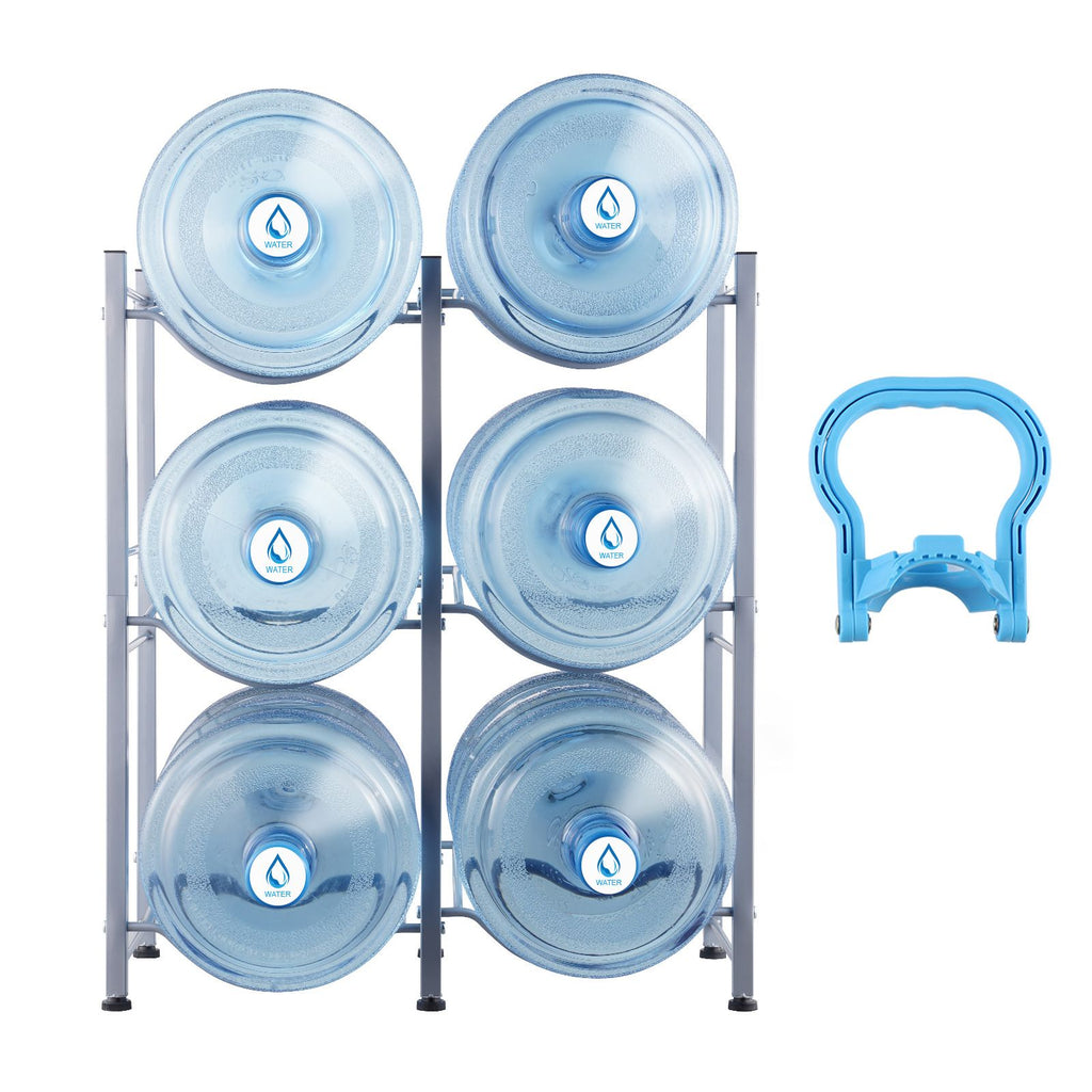 3 Tiers Water Jug Holder, 5 Gallon Water Bottle Holder, Double Row Water Bottle Rack for 6 Bottles, Heavy Duty Water Jug Rack for Kitchen, Office, Living Room, Silver