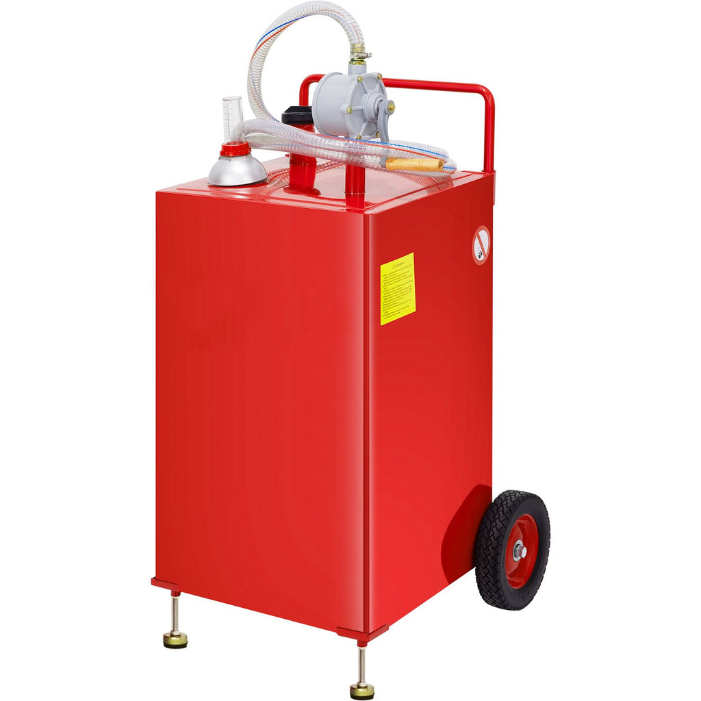 30 Gallon Fuel Caddy, Fuel Storage Tank on 2 Wheels, Portable Gas Caddy with Manuel Transfer Pump, Gasoline Diesel Fuel Container for Cars, Lawn Mowers, ATVs, Boats, More, Red