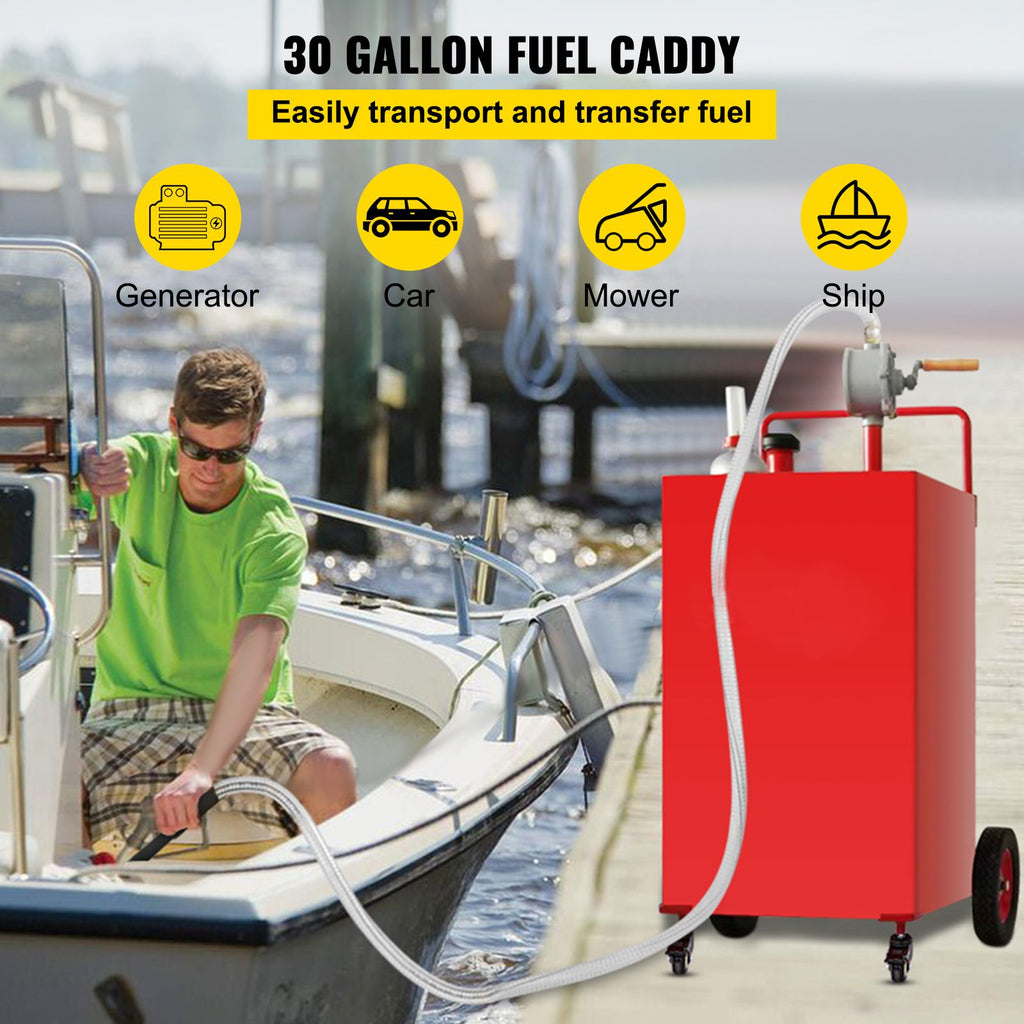 30 Gallon Fuel Caddy, Gas Storage Tank & 4 Wheels, with Manuel Transfer Pump, Gasoline Diesel Fuel Container for Cars, Lawn Mowers, ATVs, Boats, More, Red