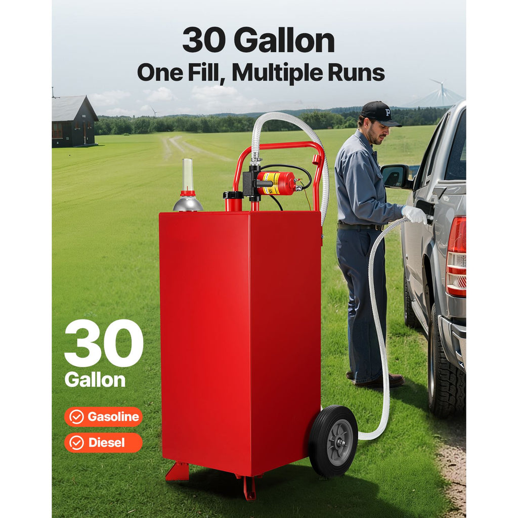 30 Gallon Gas Caddy, Max Flow 32L/min, Diesel Tank with Electric Pump, Diesel Storage Tank with 2 Wheels & 10 ft Hose, Gas Container for ATV, Car, Mowers, Boat, Motorcycle, and More, Red