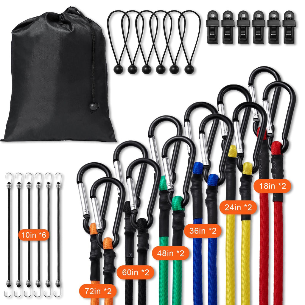 30 Piece Bungee Cords Assortment, 8 mm Heavy Duty Bungee Straps with A3 Steel Carabiners, Includes 10", 18", 24", 36", 48", 60", 72", Portable Storage Bag, 6 Clips & Canopy Ties