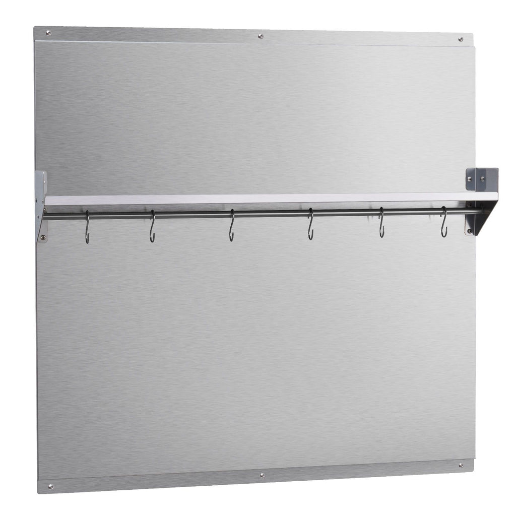 30" x 30" Stainless Steel Backsplash for Stove, Ultra Flat Splatter Guard with Storage Shelf & Hanging Rack, Wall Shield Range Hood Panel, Easy Clean, Pre-Drilled Holes for Easy Installation
