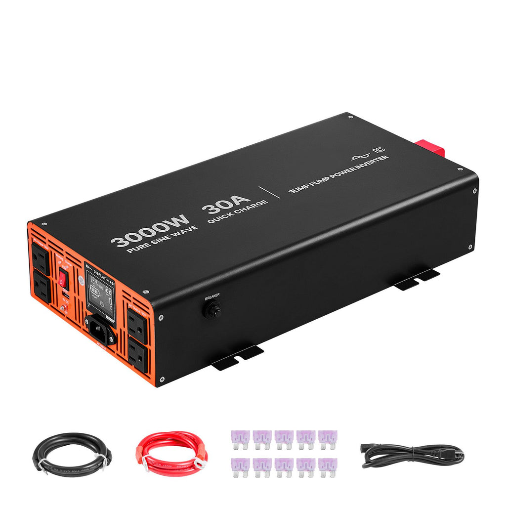 3000W Sump Pump Battery Backup System, LCD Display, Auto Switches to Battery Inverter Power for Sump Pump, Pure Sine Wave, for Basement Protection Emergency Power Outage, Batteries Not Included