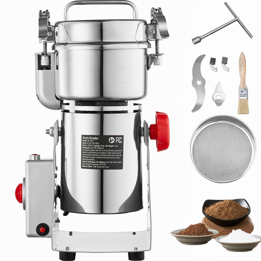 300g Electric Grain Mill Grinder, High Speed 1500W Commercial Spice Grinders, Stainless Steel Pulverizer Powder Machine, for Dry Grains Spices Cereals Coffee Corn Pepper, Swing Type