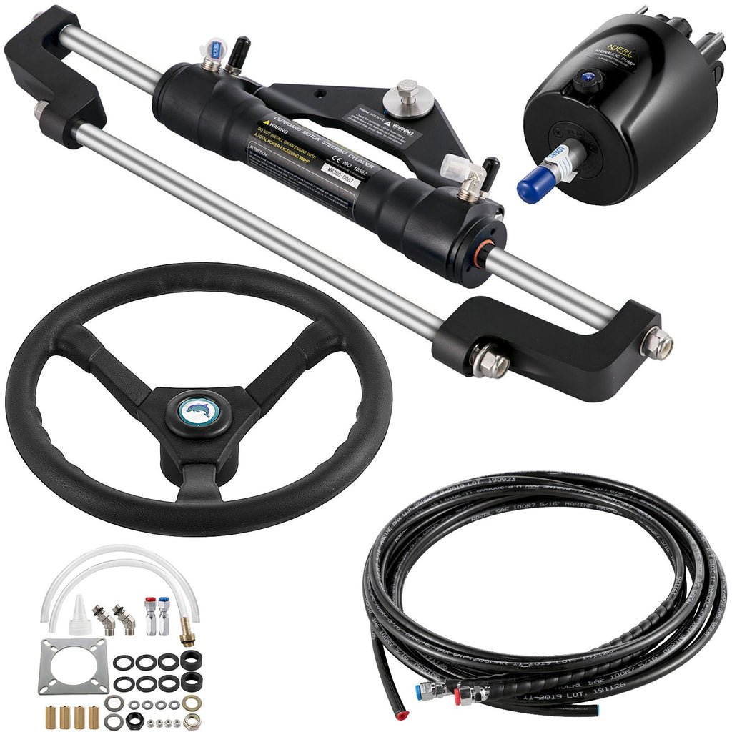300HP Hydraulic Boat Steering Kit, Hydraulic Steering Helm Pump, Aluminum Alloy Steering Cylinder, 13.5" Steering Wheel with 10" Hydraulic Steering Hose for Boat Steering System