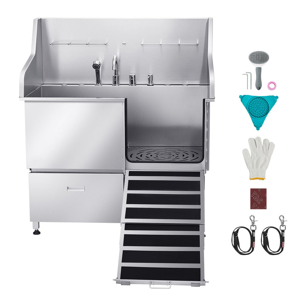 304 Stainless Steel Dog Washing Station, 50 Inch Pet Grooming Tub with Non-Slip Low-Slope Ramp, Storage Drawer, Hot & Cold Faucet, All-in-One Bath for Grooming Shop, Fits All Sizes (Right Door)