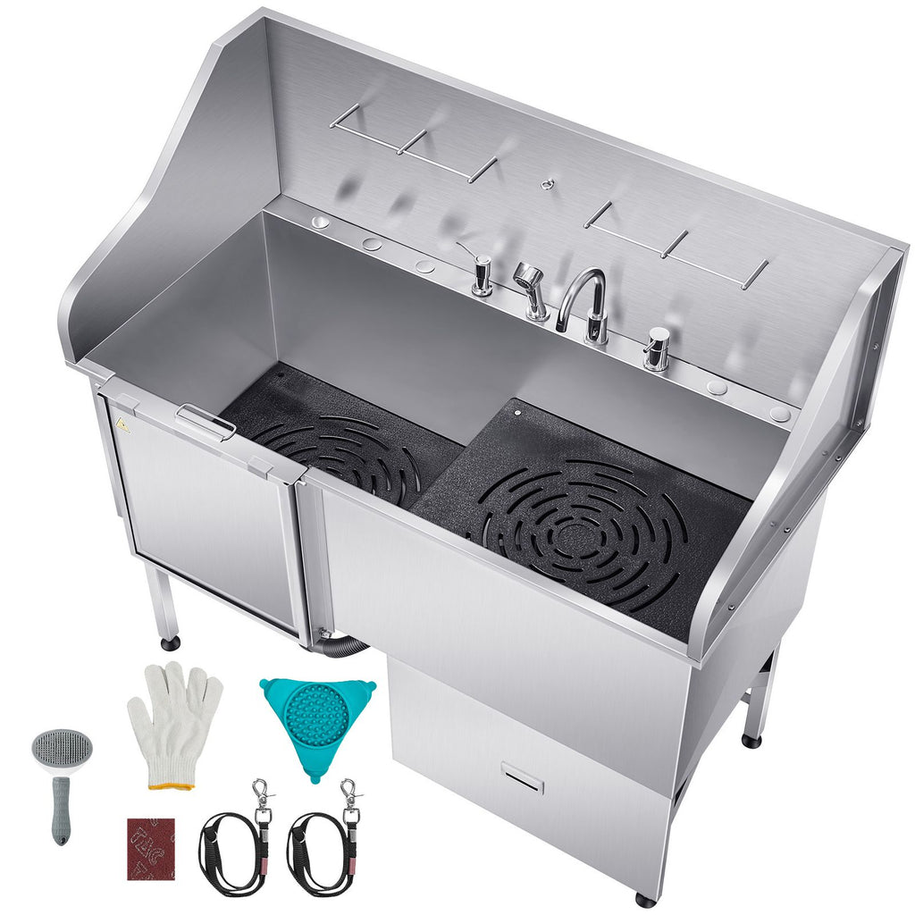 304 Stainless Steel Dog Washing Station, 61 Inch Pet Grooming Tub with Non-Slip Low-Slope Ramp, Storage Drawer, Hot & Cold Faucet, All-in-One Bath for Grooming Shop, Fits All Sizes (Left Door)