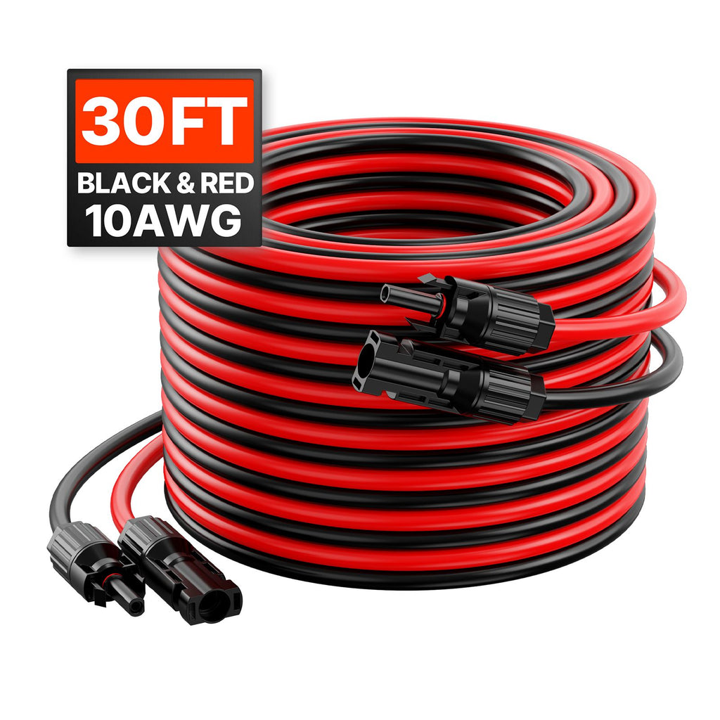 30FT Solar Panel Extension Cable, 10AWG Solar Extension Cable Wire with Female & Male Waterproof Connectors, 6mm² PV Cable for Home, Ship and RV Solar Panels, 30FT Black + 30FT Red (Set of 2)