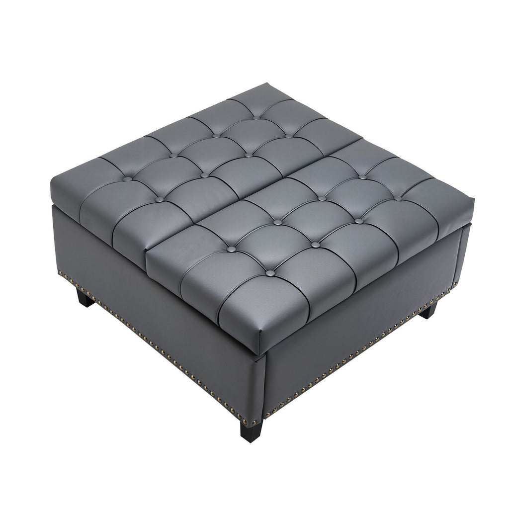 31 in Square Leather Ottoman with Storage, Upholstered Tufted Button Coffee Table Ottoman with Lift-Top & Flip Design, PU Leather High-Density Sponge for Living Room, Bedroom, Dorm, Grey
