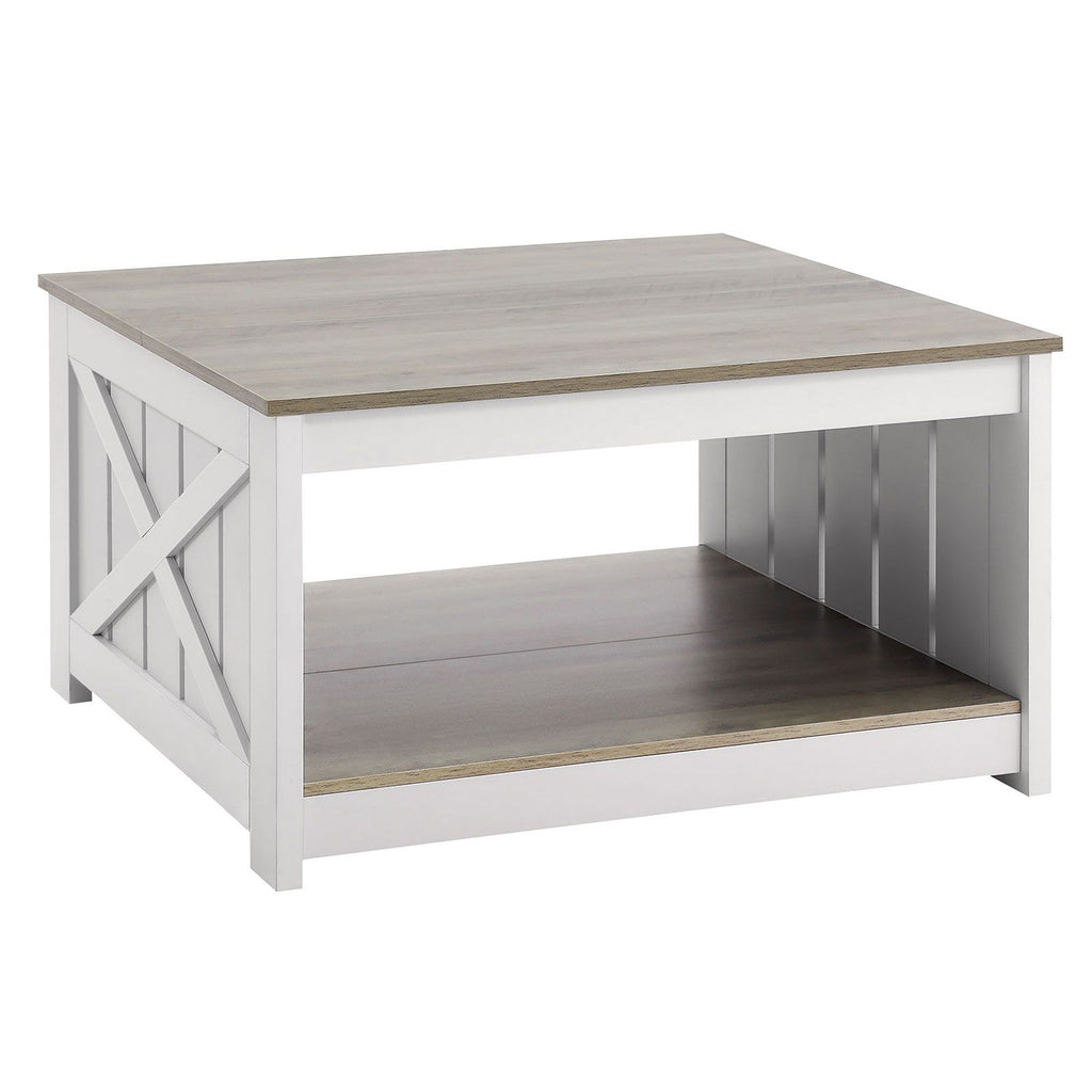 31.5" Farmhouse Coffee Table, Square Coffee Table with Open Storage Compartment, Wooden Rustic Cocktail Table for Living Room, Bedroom, Apartment, Studio, Gray & White