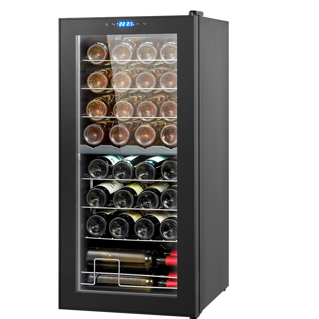 32-Bottle Wine Cooler, Dual Zone & Dual Temperature Wine Fridge, Freestanding Refrigerator with Digital Control, Tempered Glass Door with UV Protection, Red & White Wine Storage for Home Bar