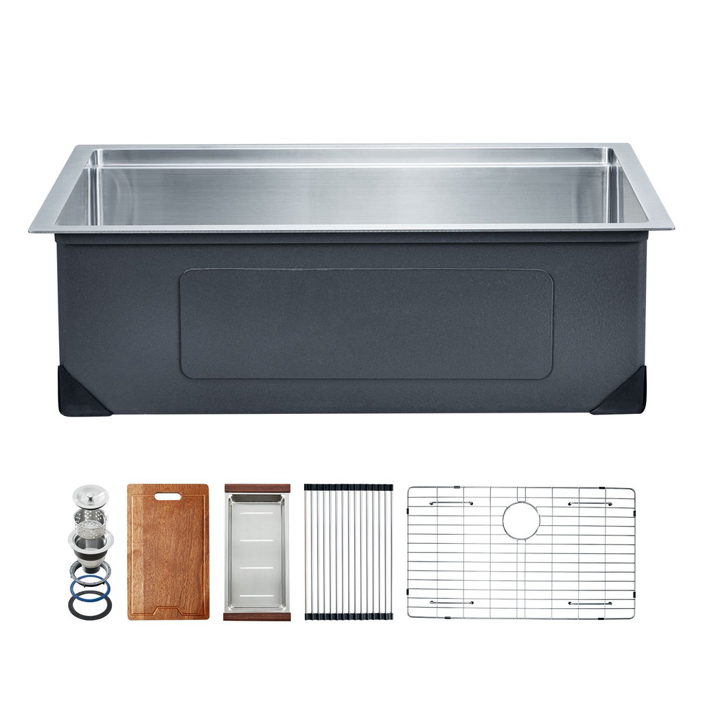 32 inch Kitchen Sink Workstation, 304 Stainless Steel Undermount Sink, Drop-In Single Bowl Farmhouse Basin with Ledge & Multiple Accessories, Household Dishwasher Sinks for RV, Prep Kitchen, Bar