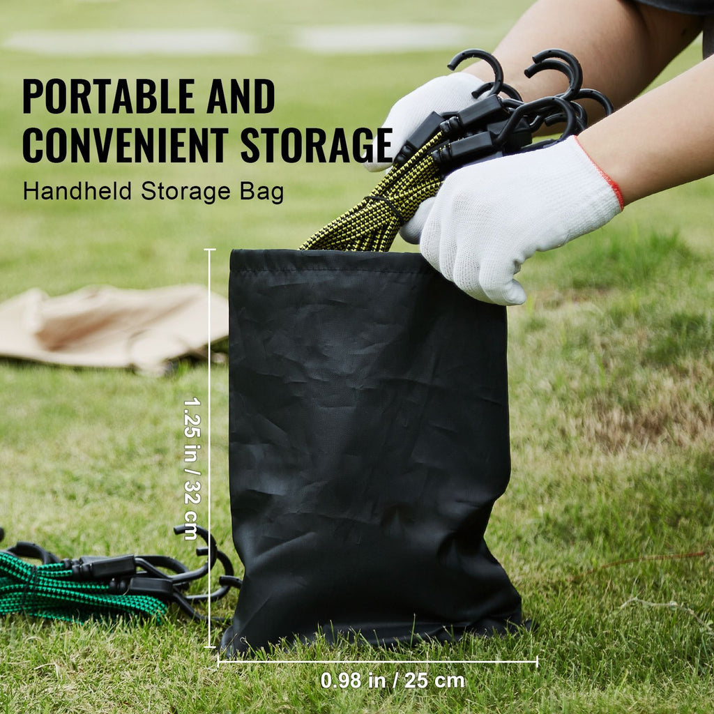 32 Piece Flat Bungee Cord Set, 17 mm Heavy Duty Bungee Straps with A3 Steel J-Hooks, Includes 10", 18", 24", 32", 40", Bungee Rope with Portable Storage Bag, 6 Clips & Canopy Ties