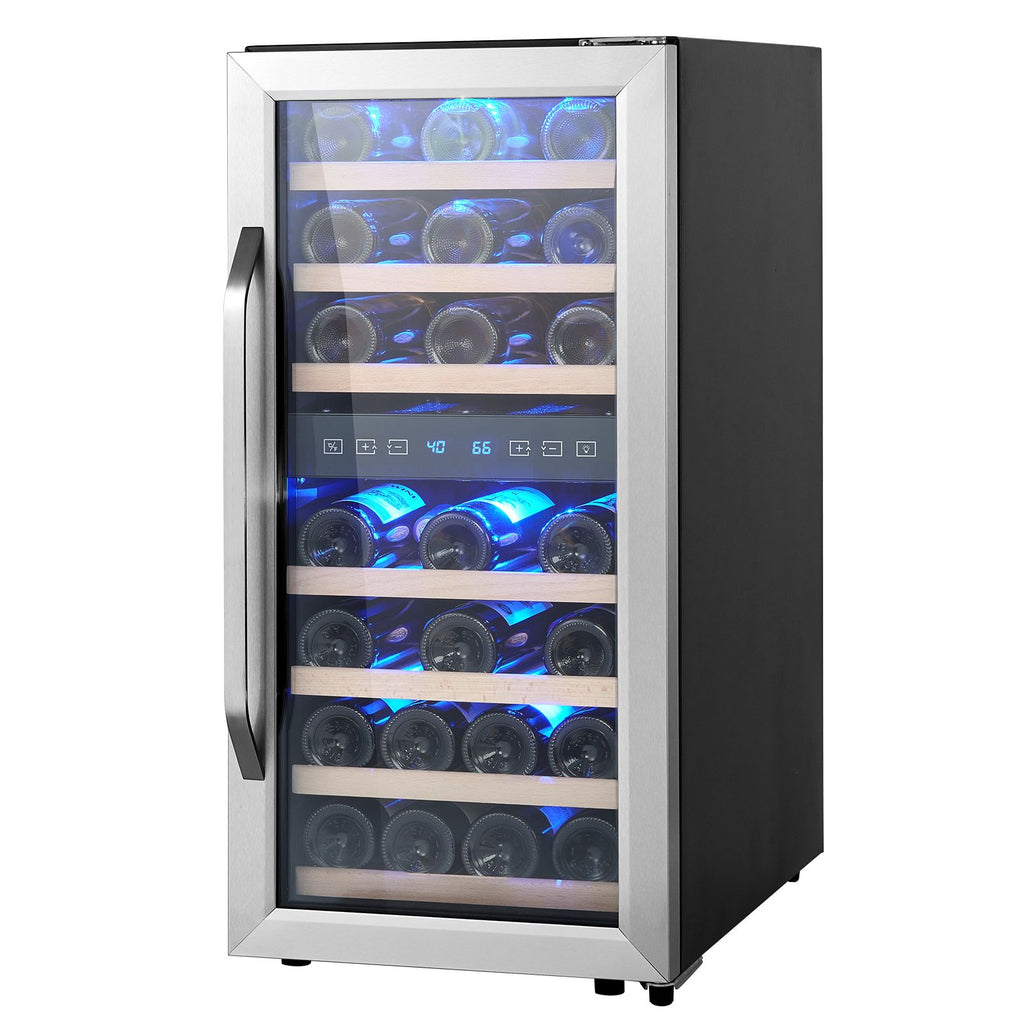33-Bottle Wine Cooler, Dual Zone & Dual Temperature Wine Fridge, Freestanding Refrigerator with Circulating Air-cooling and Digital Control, Tempered Glass Door with UV Protection, for Home Bar