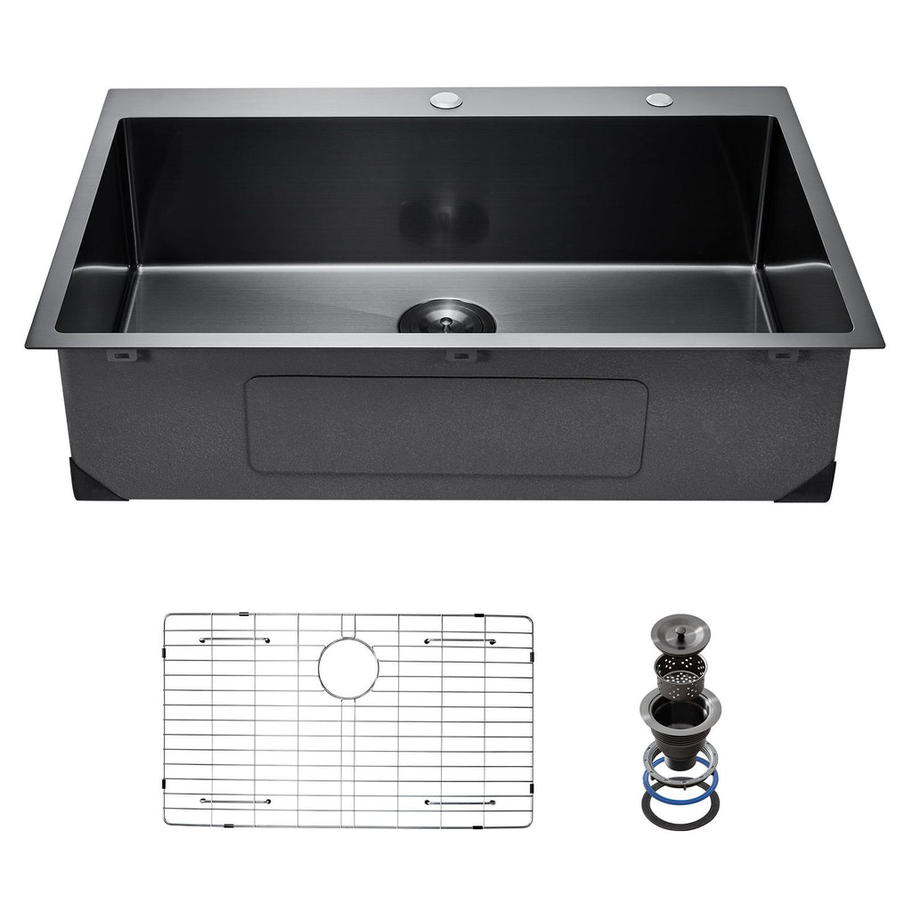 33 inch Kitchen Sink Workstation, 304 Stainless Steel Top Mount Sinks, Drop-In Single Bowl Farmhouse Basin with Accessories, Household Dishwasher Sinks for RV, Prep Kitchen, and Bar (Black)