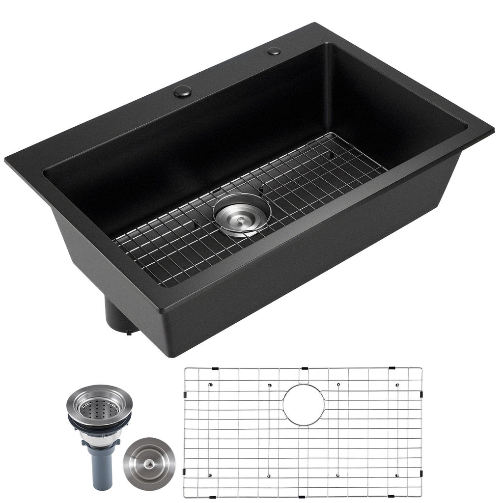 33 inch Kitchen Sink Workstation, Top Mount Granite Sinks, Drop-In Single Bowl Farmhouse Basin with Multiple Accessories, Household Dishwasher Sinks for RV, Prep Kitchen, and Bar (Black)