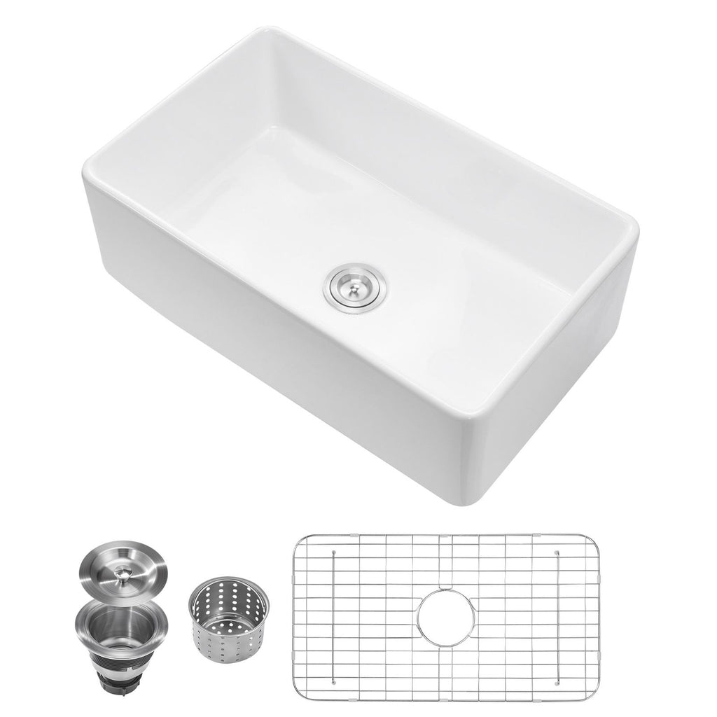 33.5x20 inch Farmhouse Sink, White Sink Workstation, Fireclay Undermount Basins, Apron Front Single Bowl Basin with Multiple Accessories, Large Capacity Household Dishwasher Sinks for Kitchen