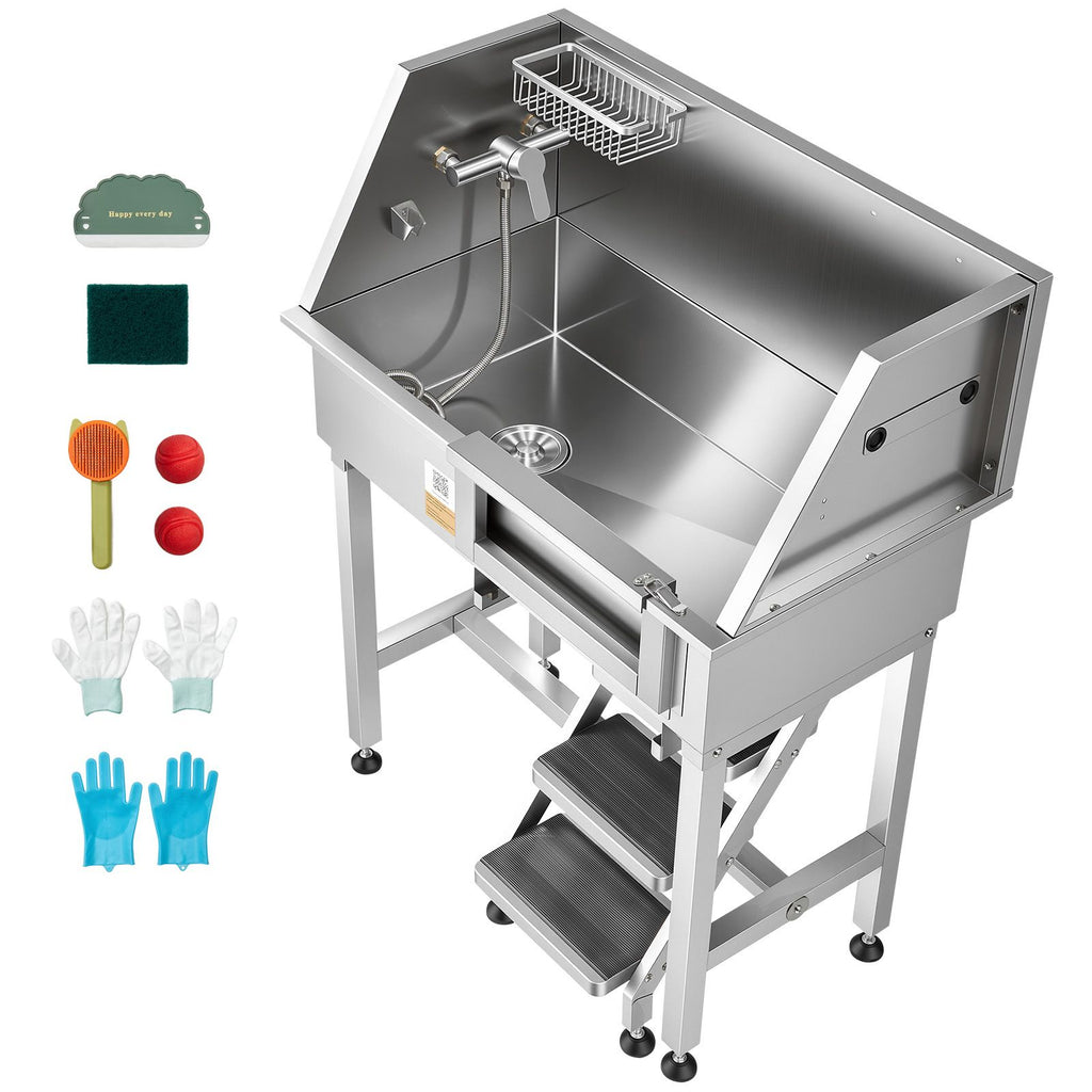 34" Dog Washing Station, Stainless Steel Pet Grooming Tub Bathtub, Professional Dog Wash Sink with Shower, Faucet, Soap Holder, Non-Slip Stairs Easy-Clean Design for Small Pets Cats (Right Door)