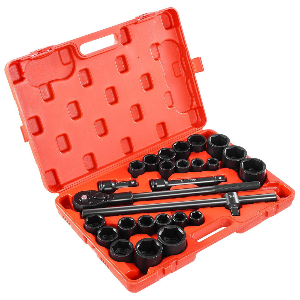 3/4 in Drive Impact Socket Set, 27 Pieces SAE 7/8 in to 2 in and Metric 22 mm to 50 mm, 6 Point Cr-V Alloy Steel for Auto Repair, Includes Extension Bars, Ratchet Handle and Storage Case