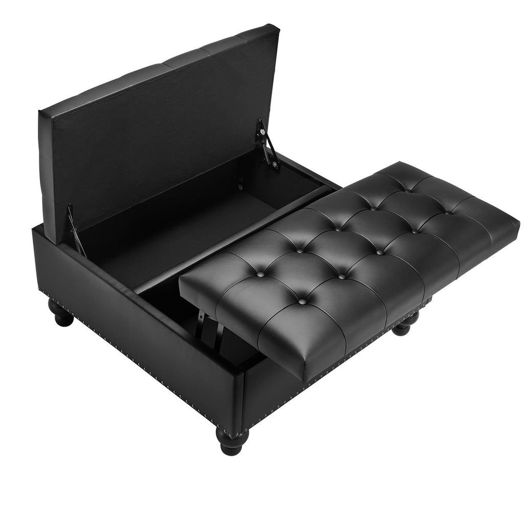 34 in Square Leather Ottoman with Storage, Upholstered Tufted Button Coffee Table Ottoman with Lift-Top & Flip Design, PU Leather High-Density Sponge for Living Room, Bedroom, Dorm, Black