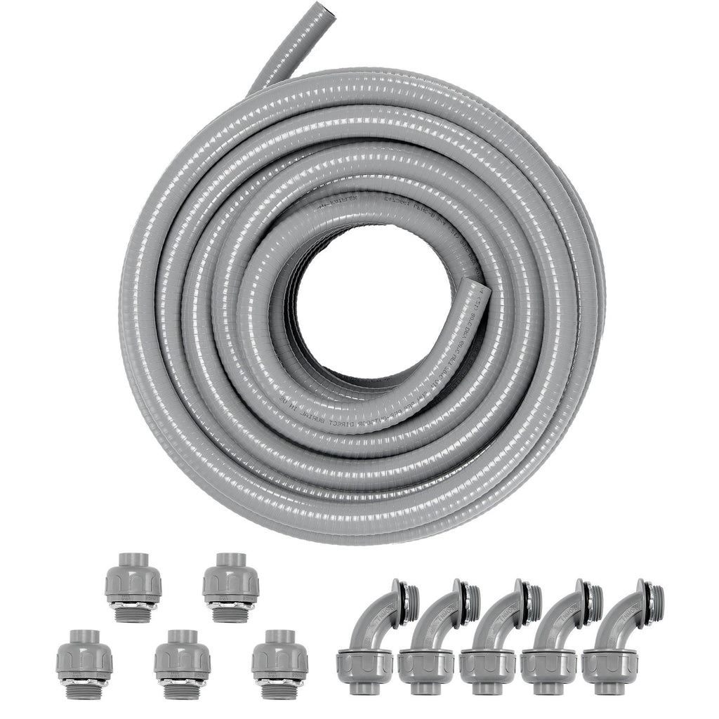 3/4-Inch Flexible Electrical Conduit, 100 ft, PVC Liquid-Tight Conduit Non-Metallic with 5 Straight and 5 90-Degree Conduit Connector Fittings, for Air Conditioning Motor Controller Pump, IP65