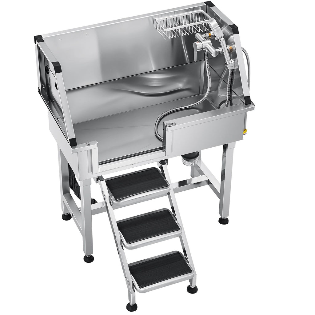 34 Inch Stainless Steel Dog Washing Station, Pet Grooming Tub with Hot & Cold Faucet, Showerhead, Home Wash Sink, Fits Small Cats and Dogs, Non-Slip Stairs (Left Door)