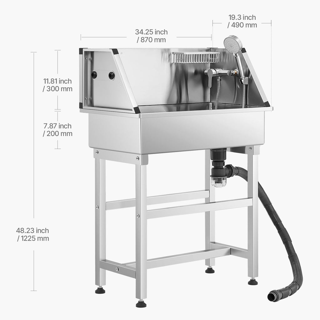 34 Inch Stainless Steel Dog Washing Station, Pet Grooming Tub with Hot & Cold Faucet, Showerhead, Storage Rack, No-Bend All-in-One Bathtub, Home Wash Sink, Fits Small Cats and Dogs