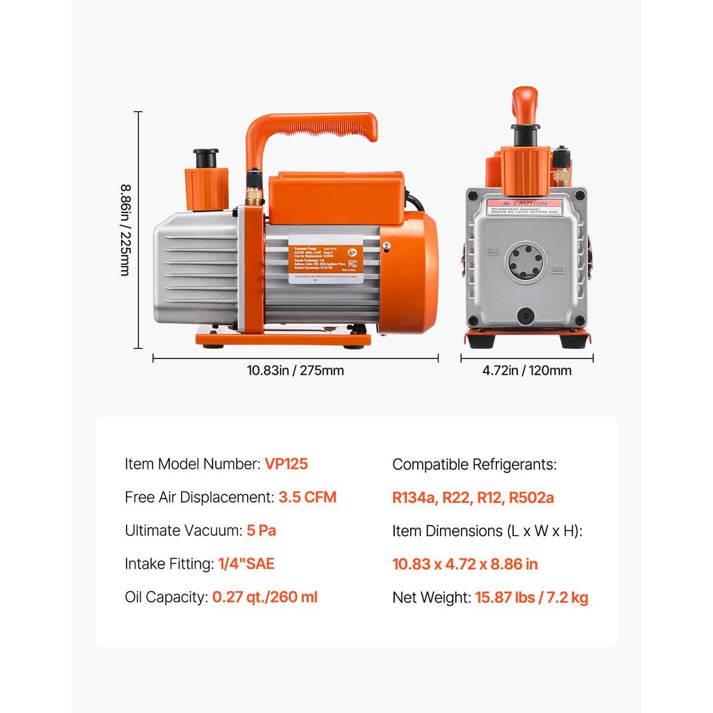 3.5 CFM AC Vacuum Pump and Gauge Set, Single Stage Rotary Vane HVAC Air Vacuum Pump, A/C Refrigerant Manifold Gauge Kit, with Hoses, Air Conditioning Refrigeration for R134a, R12, R22, R502a