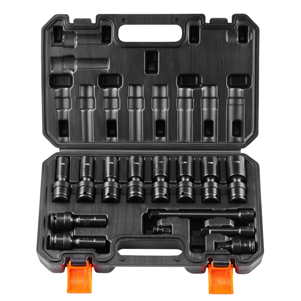 360 Degree Swivel Impact Socket Set, 3/8" Socket Set 14PCS Deep Universal Metric 10-19mm, 6 Point Cr-Mo Alloy Steel for Auto Repair, Easy-to-Read Size Markings, Rugged Construction, Storage Case