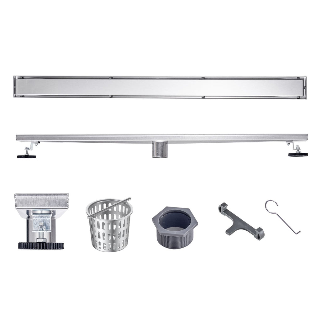 36Inch Linear Shower Drain Offset with Tile Insert Cover,Brushed 304 Stainless Steel Rectangle Shower Floor Drain,Linear Drain with Leveling Feet,Hair Strainer Silver