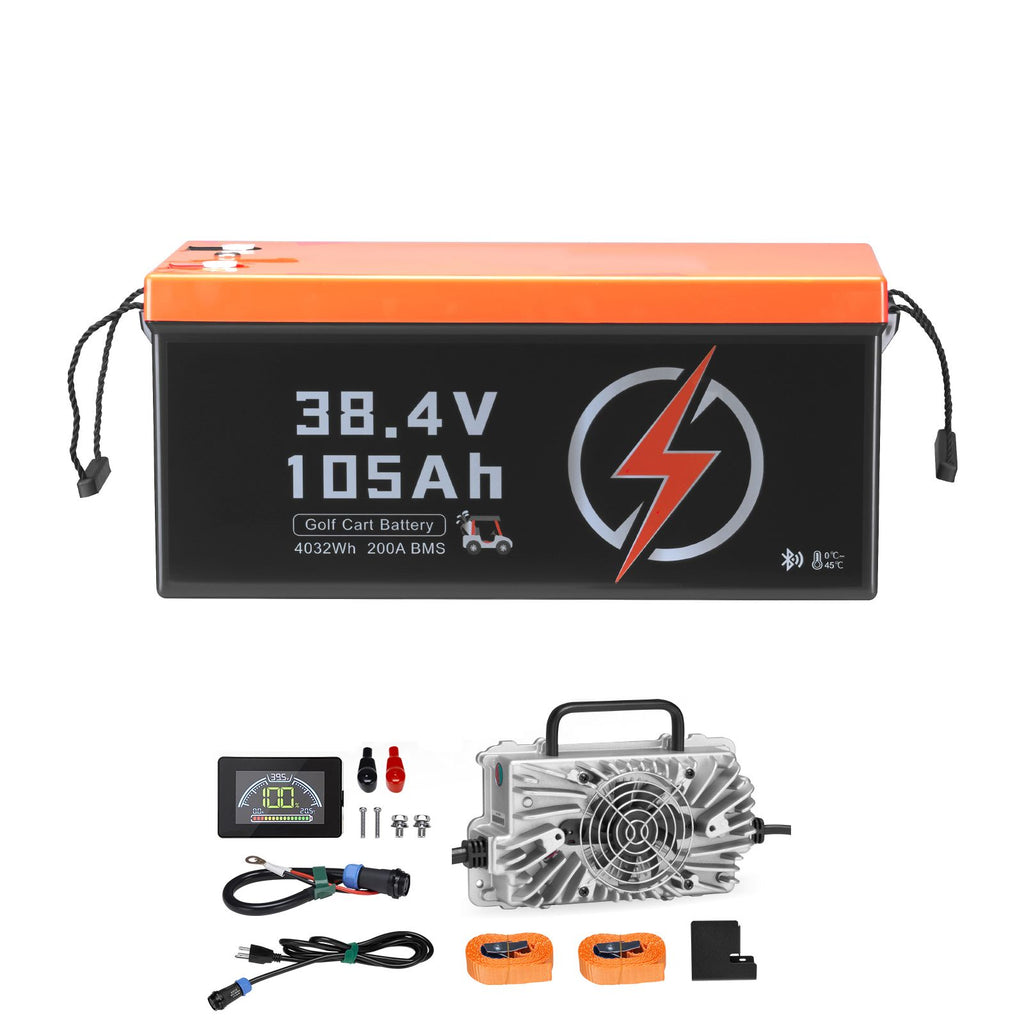 36V 105Ah Golf Cart Lithium Battery, 36 Volt Golf Cart Battery with 200A BMS, LCD Monitor and Mobile APP, LiFePO4 Battery with 600A Peak Current, 20A Charger and 4000+ Cycles, for Golf Carts