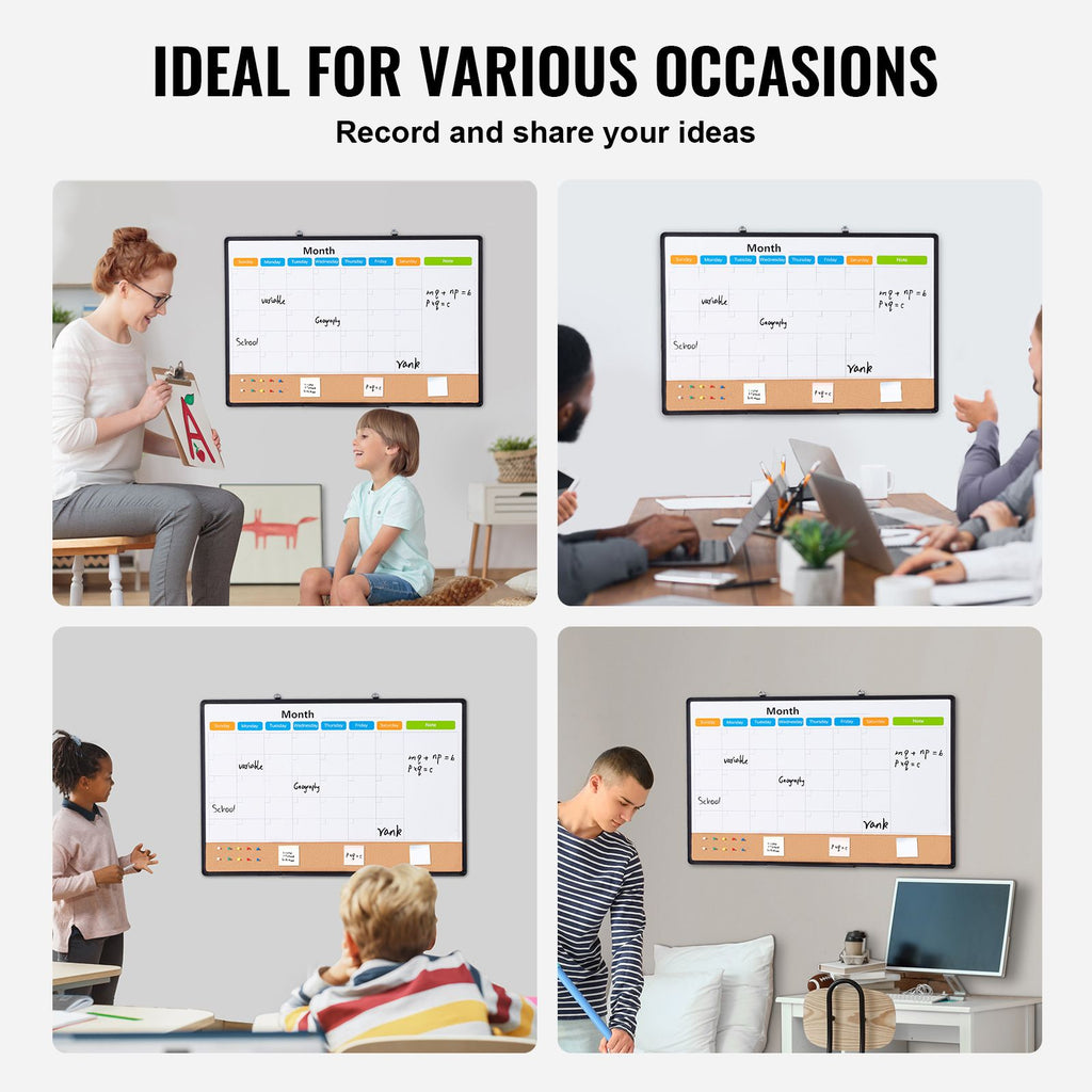 36"x 24" Monthly Calendar Whiteboard & Cork Board Combo with Aluminum Frame – 2-in-1 Magnetic Dry Erase Bulletin Board for Wall Mount – Ideal for School, Home, Office
