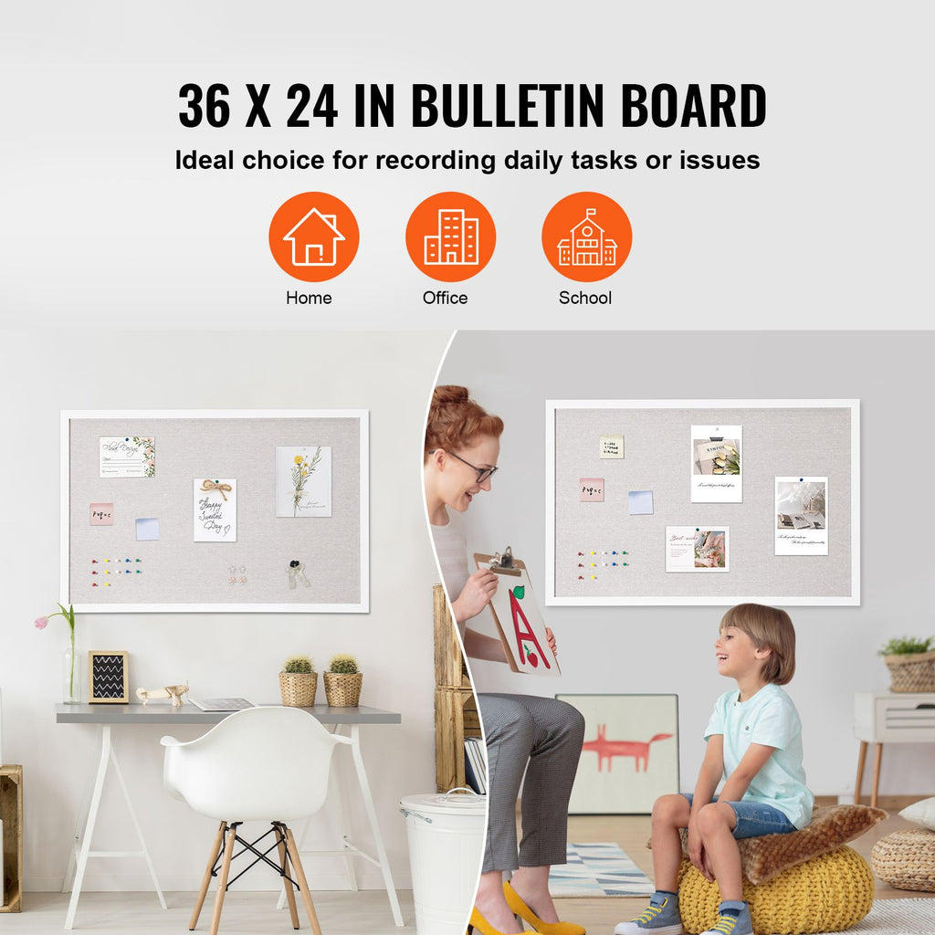 36"x24" White Cork Board with Linen Surface – Stylish Wall-Mounted Bulletin Board for Home, School, Office – Elegant & Functional Noticeboard