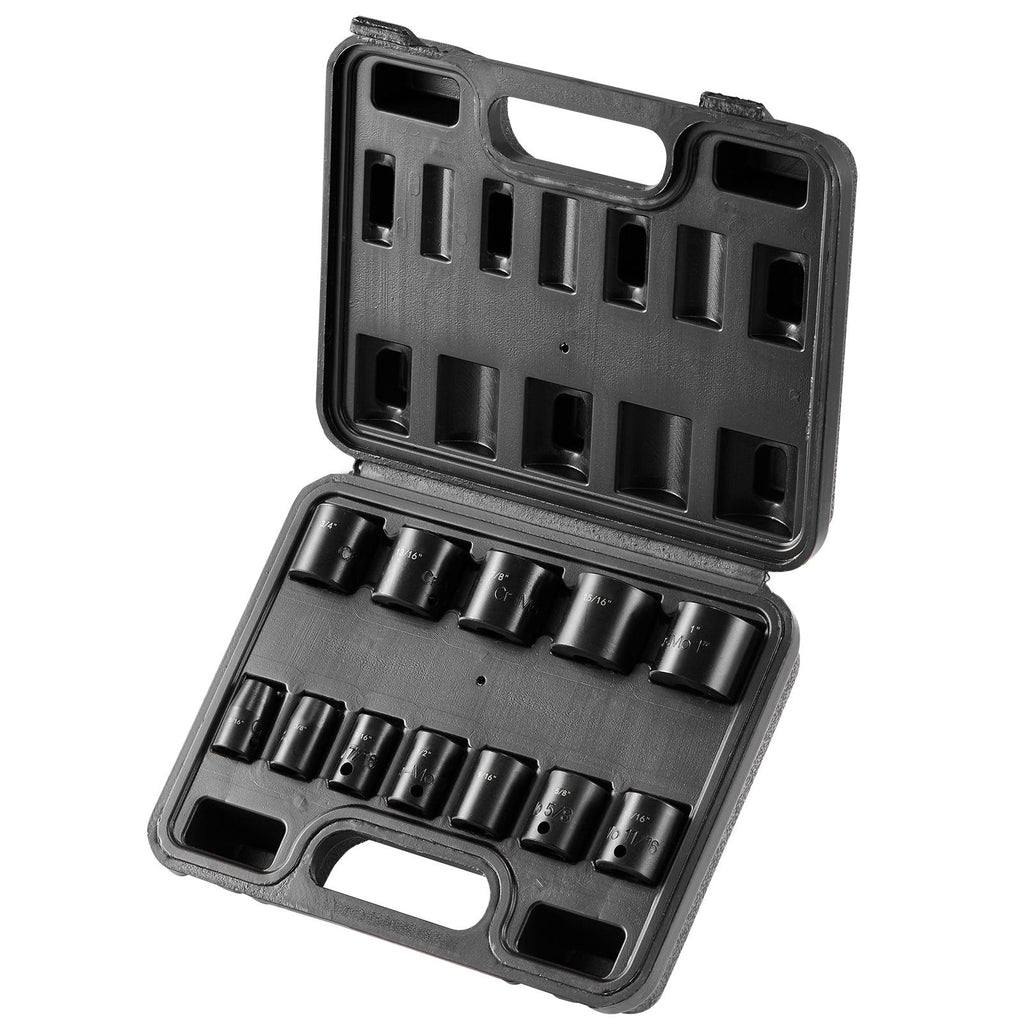 3/8" Drive Impact Socket Set, 12 Piece Shallow Socket Set SAE 5/16"-1", 6 Point Cr-Mo Alloy Steel for Auto Repair, Easy-to-Read Size Markings, Rugged Construction, Includes Storage Case