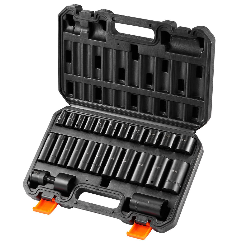 3/8" Drive Impact Socket Set, 25 Piece Deep & Shallow Socket Set SAE 5/16" - 1", 6 Point Cr-Mo Alloy Steel for Auto Repair, Easy-to-Read Size Markings, Rugged Construction, Includes Storage Case