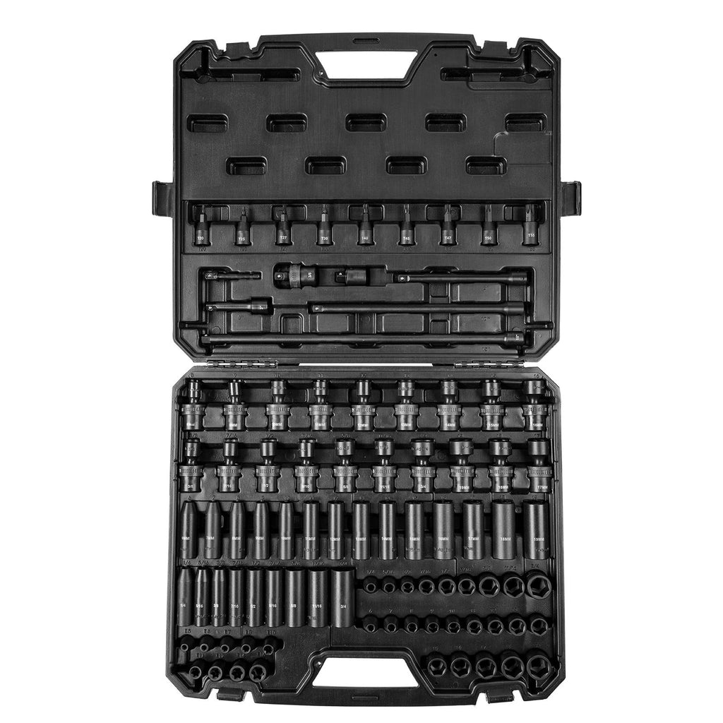 3/8" Drive Impact Socket Set, SAE 1/4"-3/4" and Metric 6-19mm 90 Piece Socket Set, 6 Point Cr-Mo Alloy Steel for Auto Repair, Includes Extension Bars Universal Joint Adapter Lock Storage Case