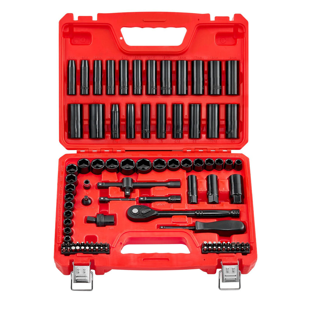 3/8 in Drive Impact Socket Set, 96 Piece, 6 Point Deep & Shallow Impact Sockets, SAE (5/16 in to 3/4 in) and Metric (8 to 22 mm) Sizes with 3 in & 6 in Extension Bars, Cr-V Steel, Carrying Case