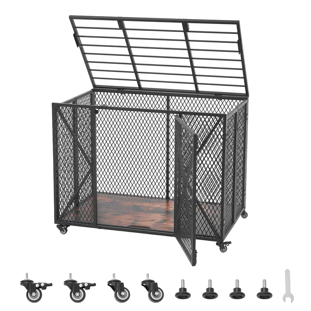 38 Inch Heavy Duty Dog Crate, Max Load 250 lbs, Foldable Indestructible Escape-Proof Dog Kennel Indoor for High Anxiety Small & Medium Breeds, Steel Pet Cage with Double Doors & Lockable Wheels