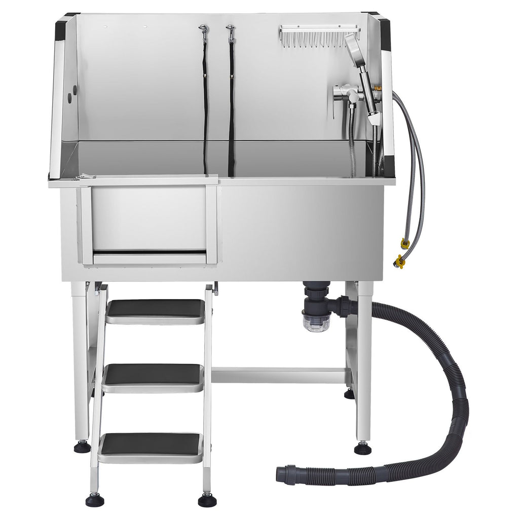 38 Inch Stainless Steel Dog Washing Station, Pet Grooming Tub with Hot & Cold Faucet, Showerhead, Home Wash Sink, Fits Small and Medium Cats and Dogs, Non-Slip Stairs (Left Door)