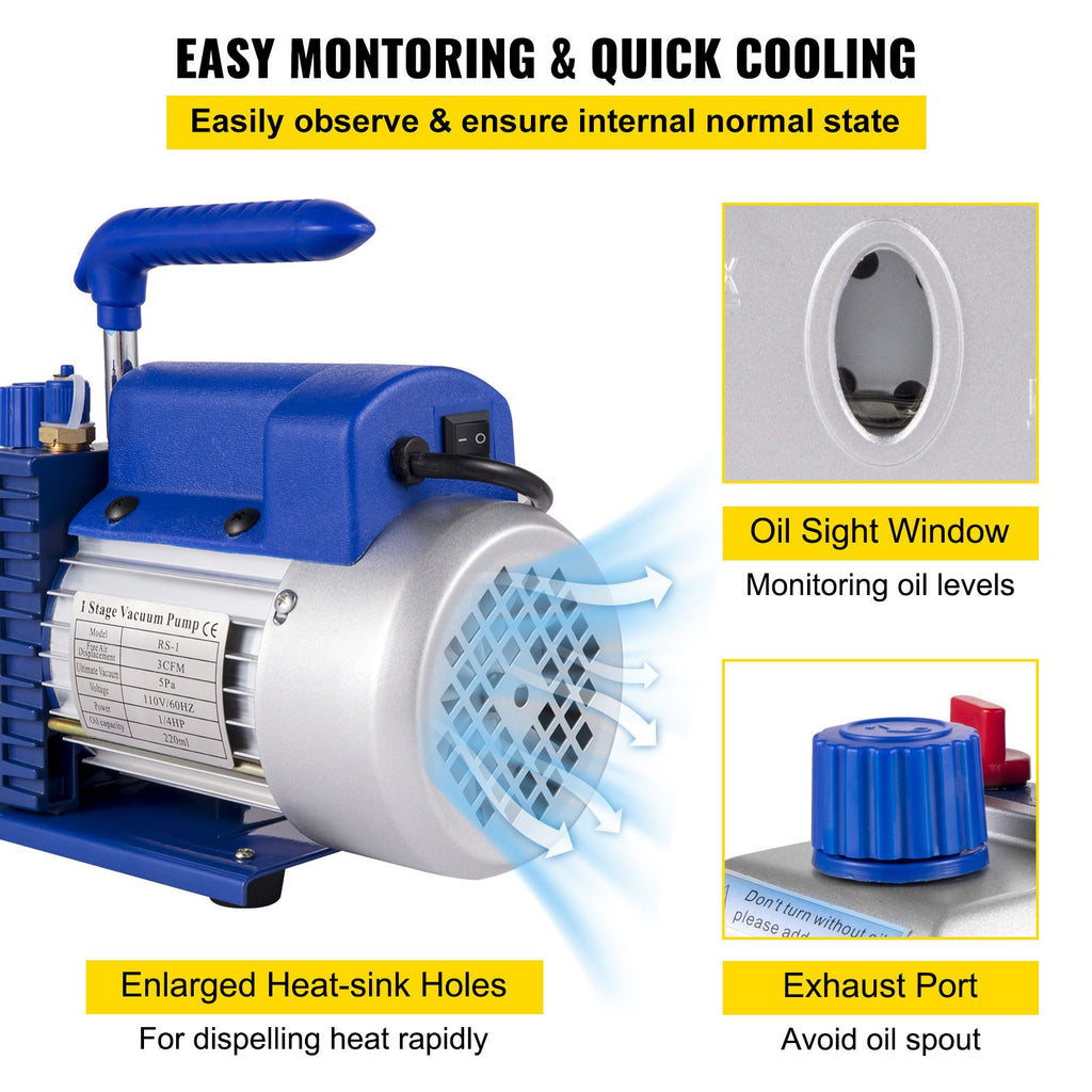 3CFM 1/4HP Single Stage Air Vacuum Pump HVAC R134a R12 R22 R410a A/C Refrigeration Kit AC Manifold Gauge R134 Can Tap Included Carrying Tote