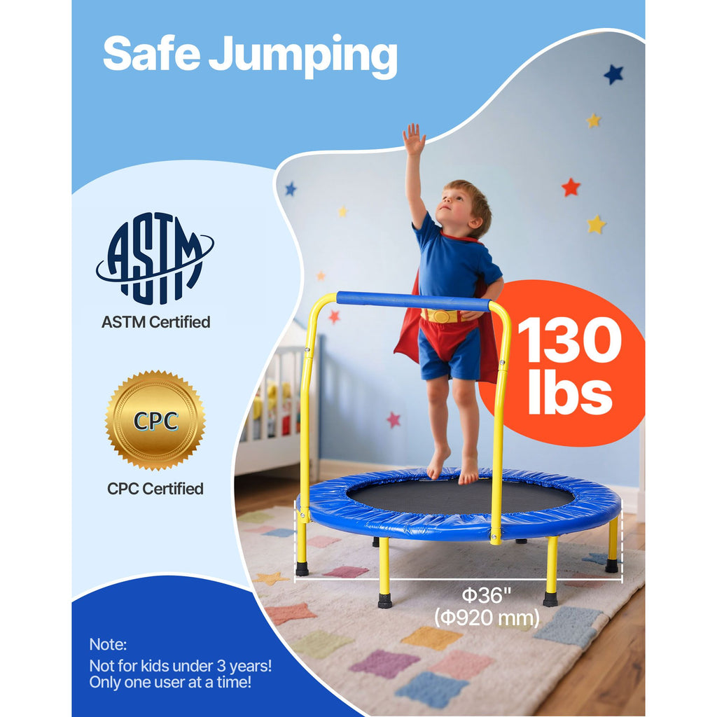 3FT Trampoline for Kids, 36" Trampolines Indoor/Outdoor Trampoline for Toddlers, Foldable Mini Baby Trampoline with Foam Handle, Recreational Trampoline Birthday Gift for 3+ Years Kids image 2