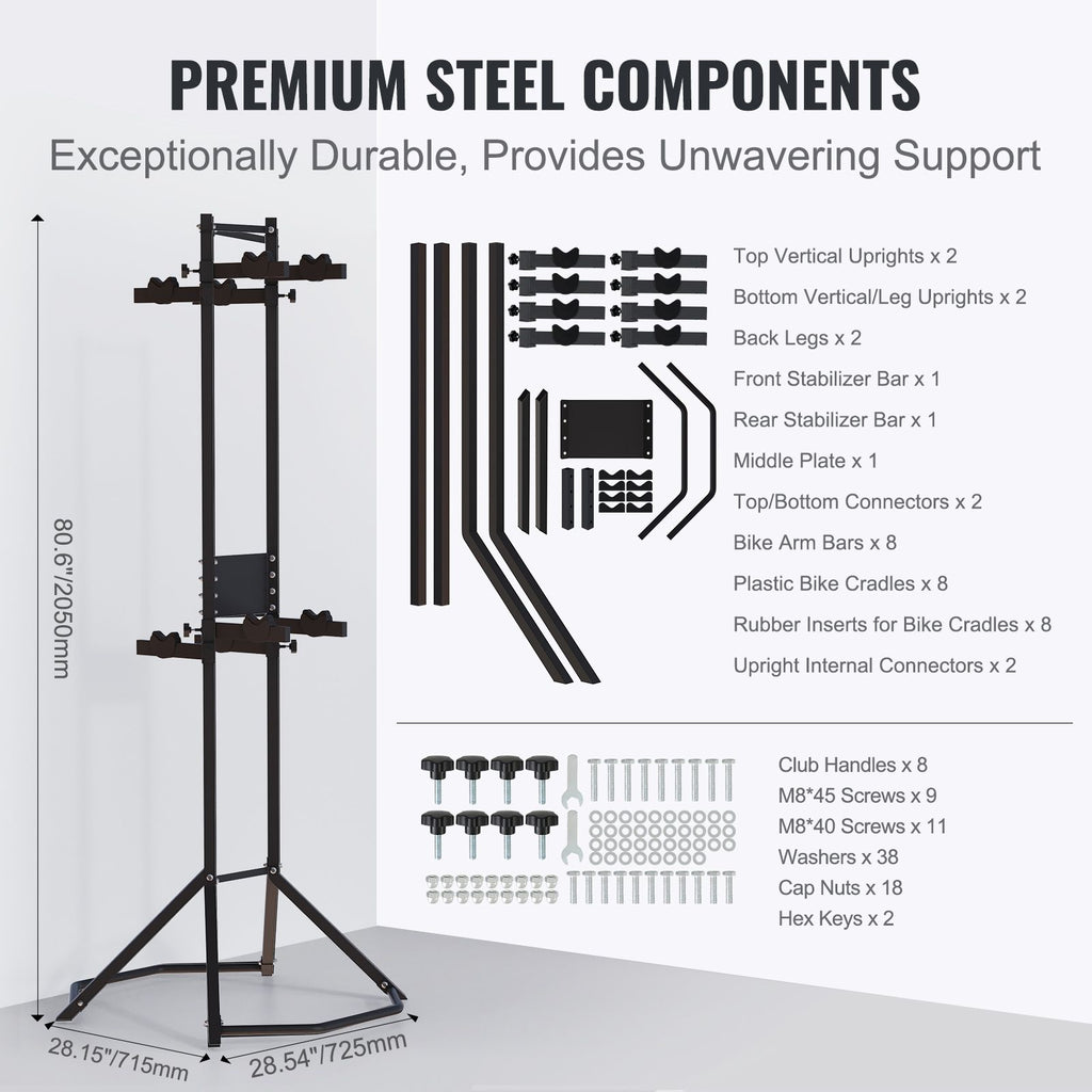 4 Bike Storage Rack, Free Standing Gravity Wall Vertical Bike Rack, Fully Adjustable Bike Rack Garage, Sturdy Steel & Easy Assemble, for Garage, Living Room, Shed, Holds Up to 260 lbs Black